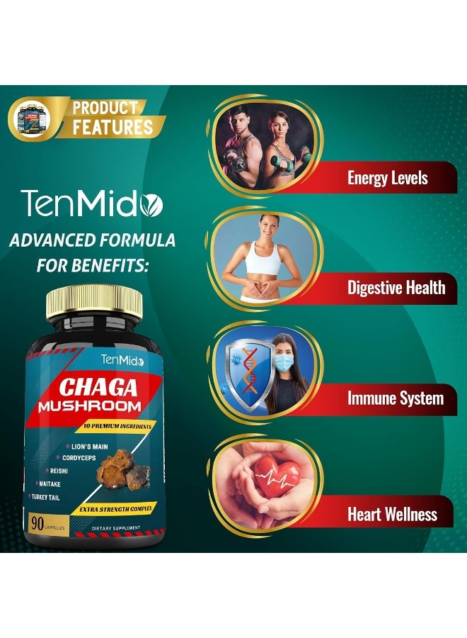 Tenmido Chaga Mushroom Extract Capsules Equivalent To 5050Mg And Lions Mane, Cordyceps And More, Digestive Health, Anti-Aging, Immune Support, Energy Boost, Rich In Antioxidants And Nutrients, 3 Months Supply - Image 4